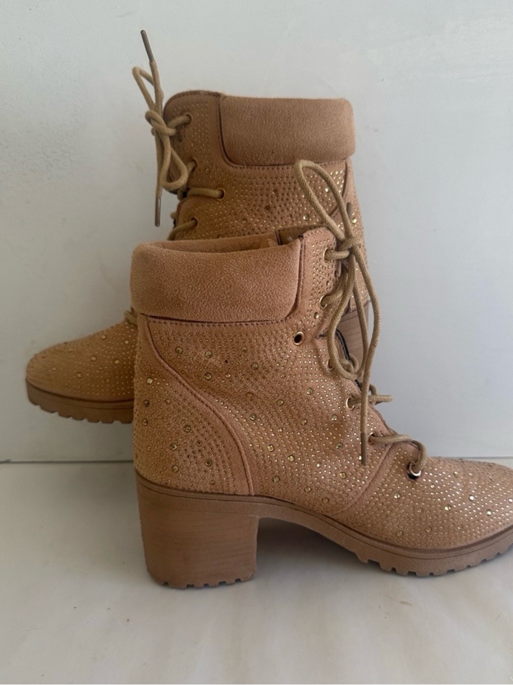 Cupid tan womens tan chunky bling lace up boots